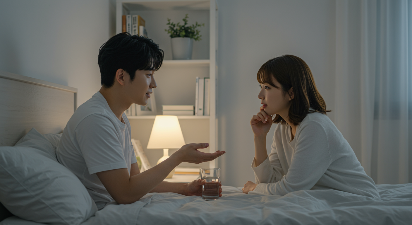 취침 전 적정량의 물 섭취를 논의하는 젊은 부부