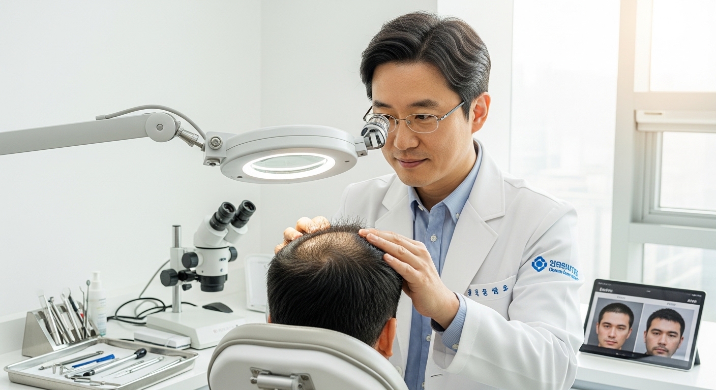 환자의 약물 사용 후 모발 성장을 관찰하는 임상 현장의 한국 의사