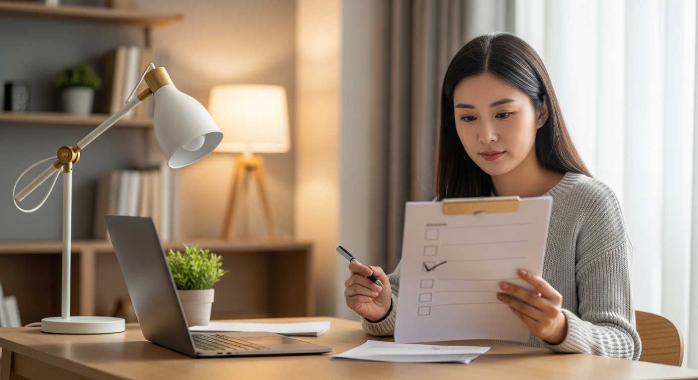 가정 사무실 책상에서 체크리스트를 읽고 있는 한국 여성