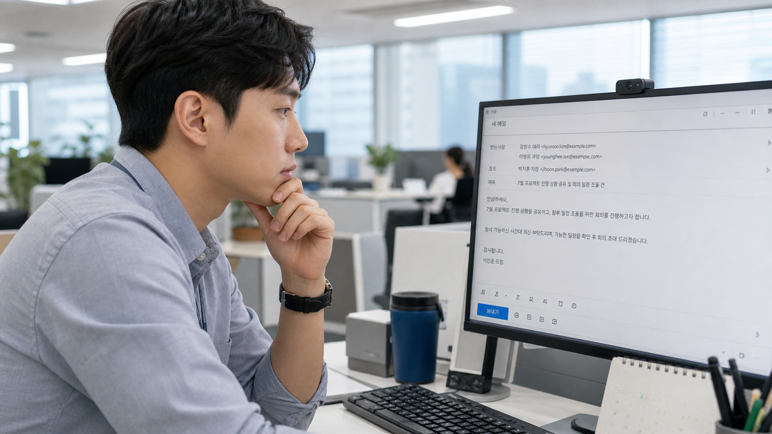사무실 책상에 앉아 컴퓨터 화면을 보며 이메일 작성에 집중하는 현대적인 모습