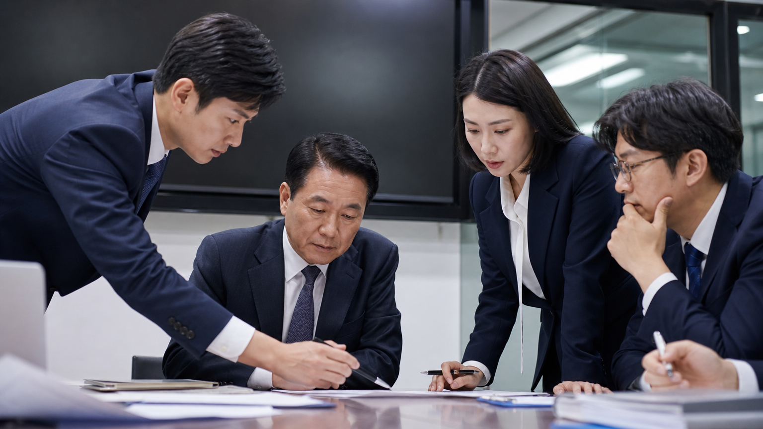 문서의 세부사항과 수정 사항을 검토하는 전문가들로 구성된 비즈니스 회의