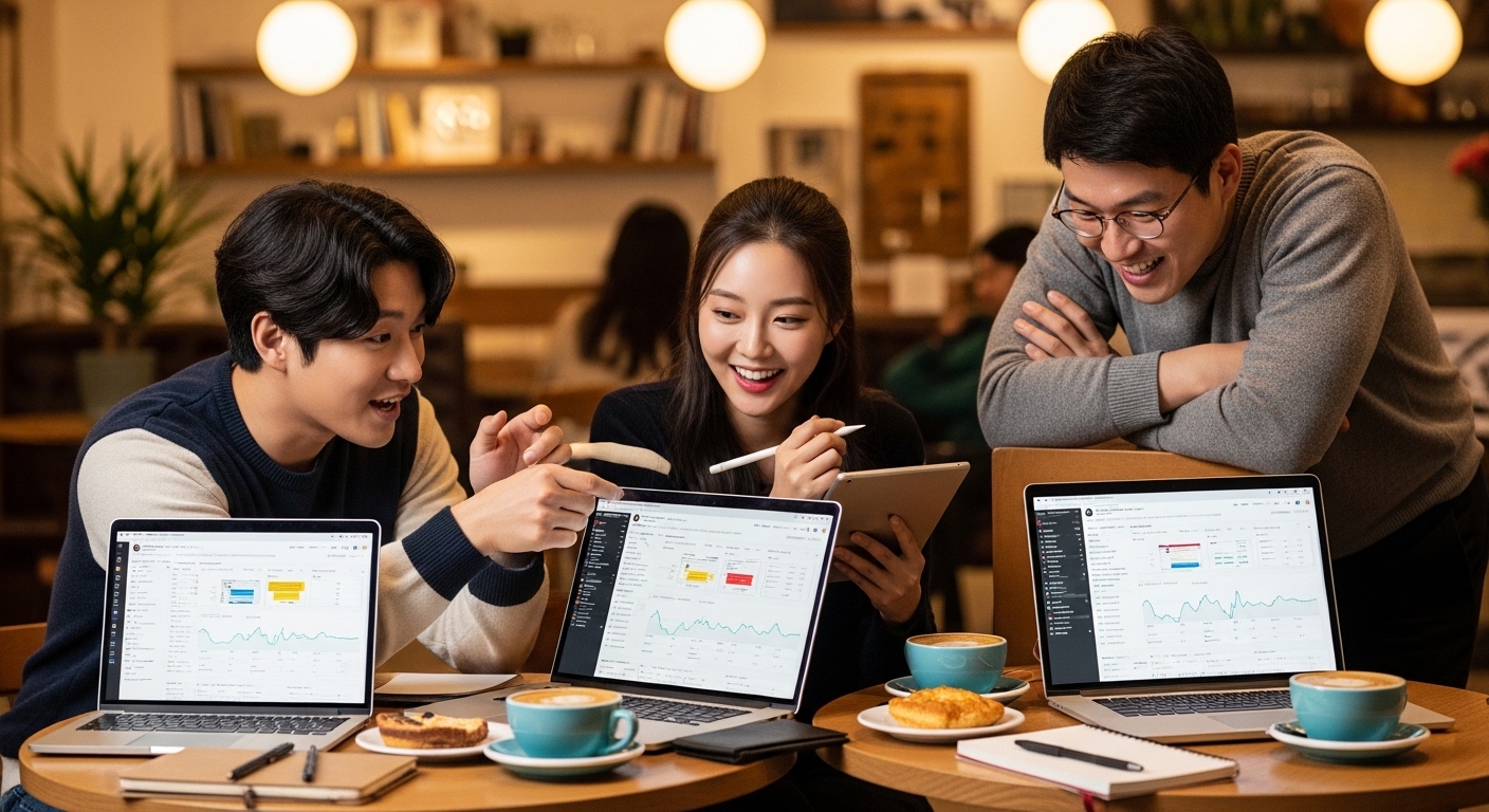 한국의 콘텐츠 창작자들이 아늑한 카페에서 노트북으로 X 플랫폼 수익을 확인하며 대화를 나누는 모습