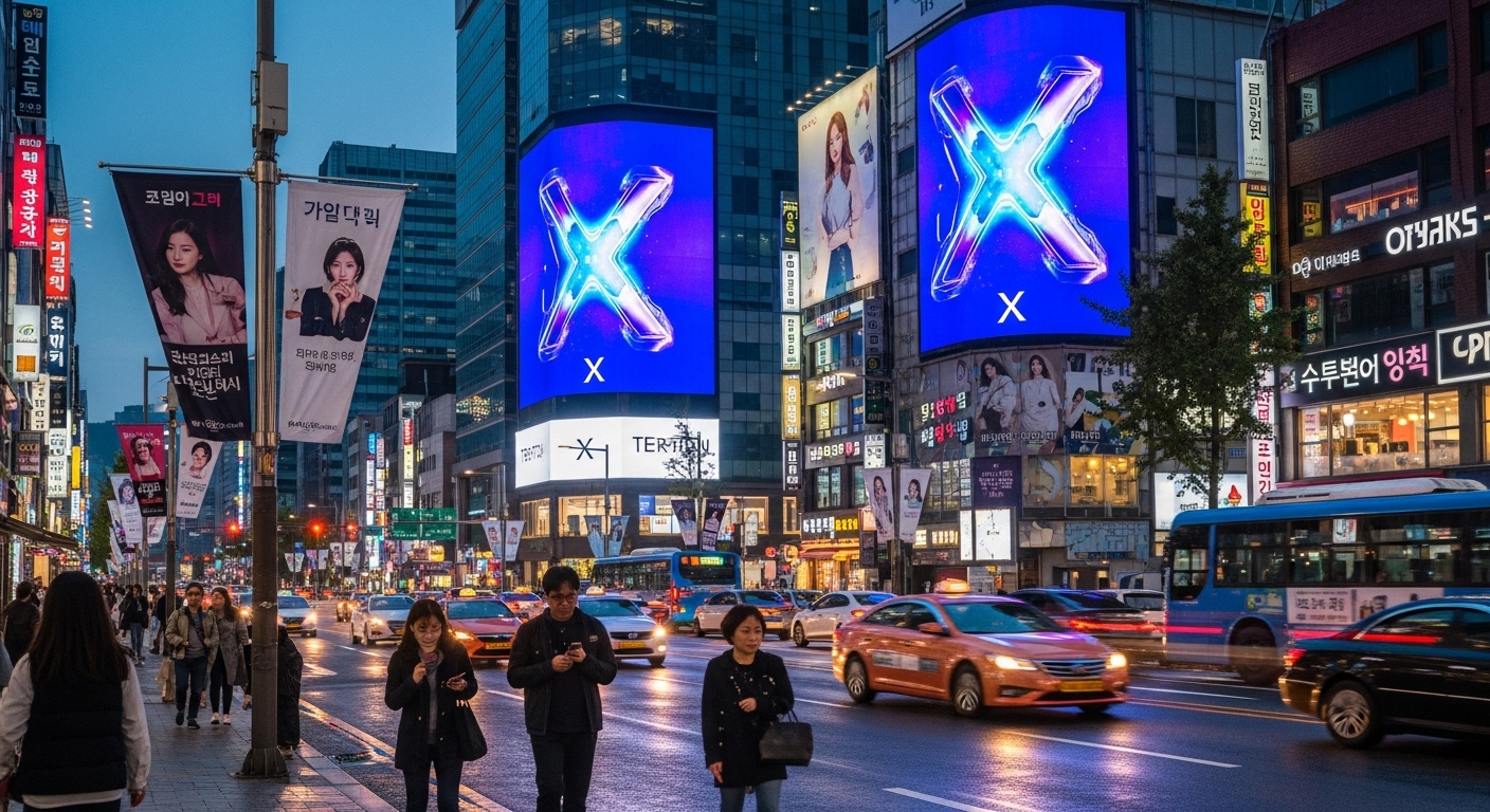 서울 거리에서 새로운 'X' 광고가 전통적인 광고 배너와 함께 디지털 빌보드에 표시되는 바쁜 도시 풍경