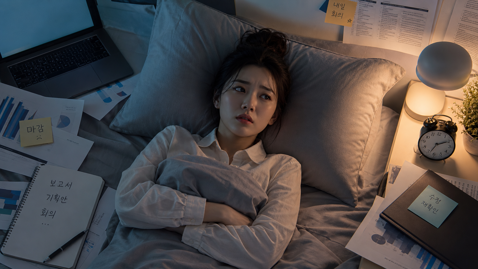 침대에서 불안한 표정으로 업무 서류와 노트북에 둘러싸인 직장인의 모습
