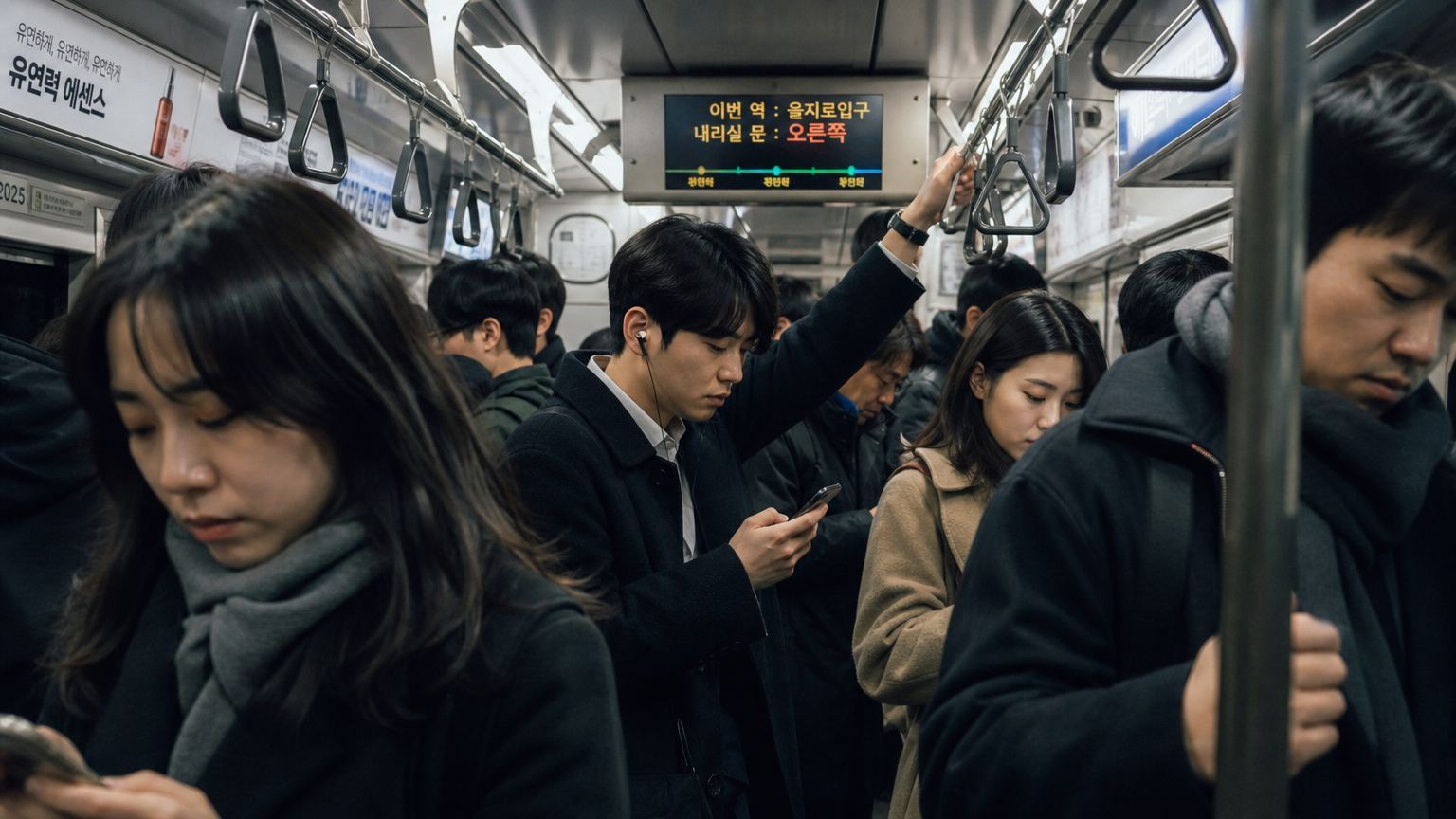 지친 표정의 사람들이 핸드폰을 보는 서울 지하철의 혼잡한 출근 시간 모습