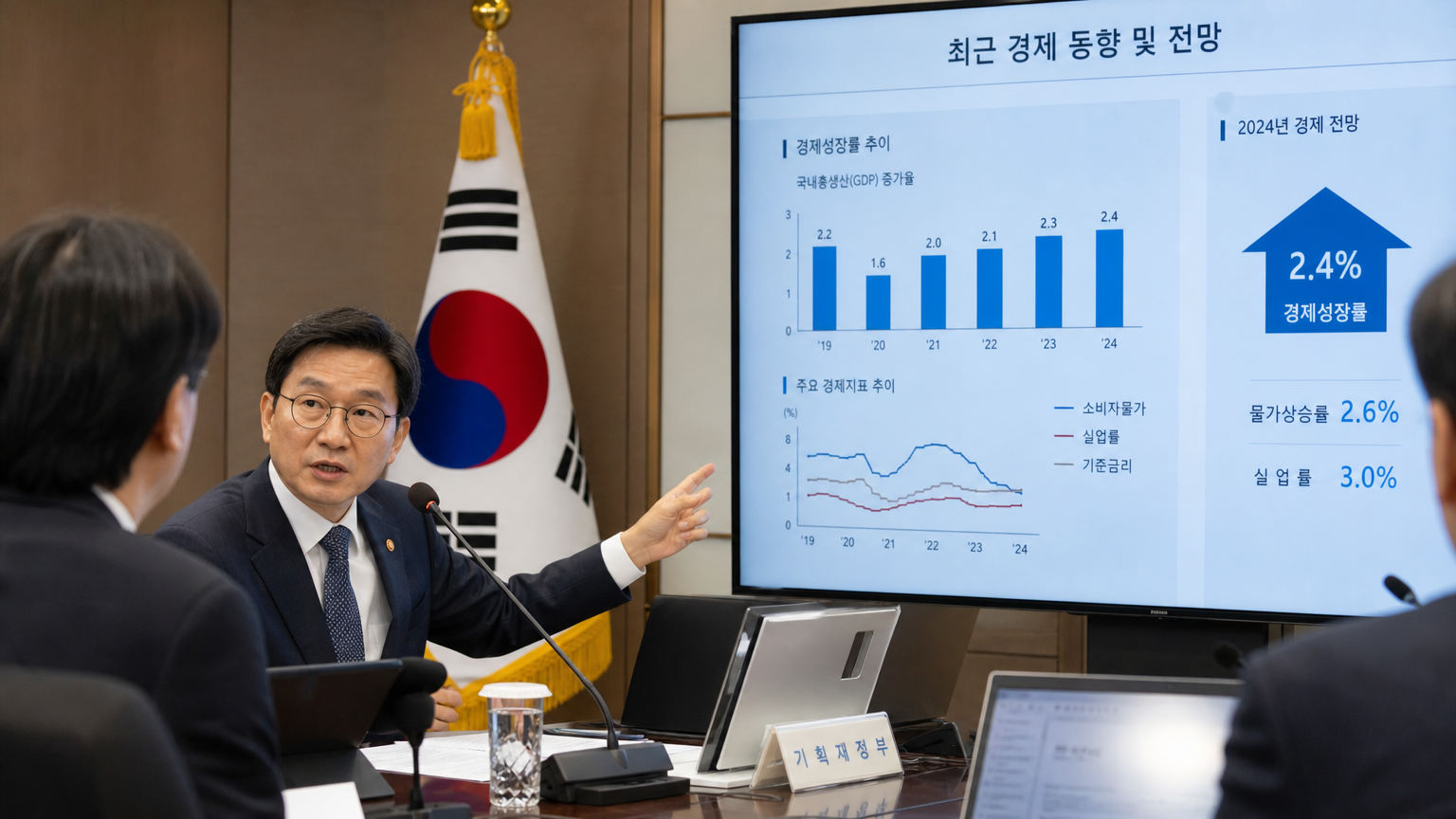 현대적인 회의실에서 재정 성장 차트를 논의하는 한국 정부 관계자