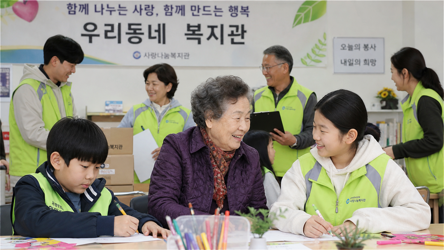 지역 복지센터에서 다양한 세대의 사람들이 공동체 활동에 참여하는 모습