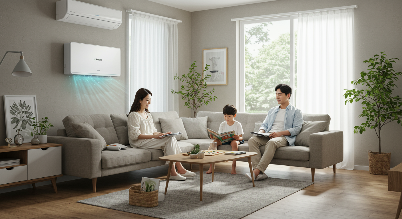 무더운 여름날, 시원한 거실에서 인버터 에어컨을 사용하는 현대적인 가족의 모습