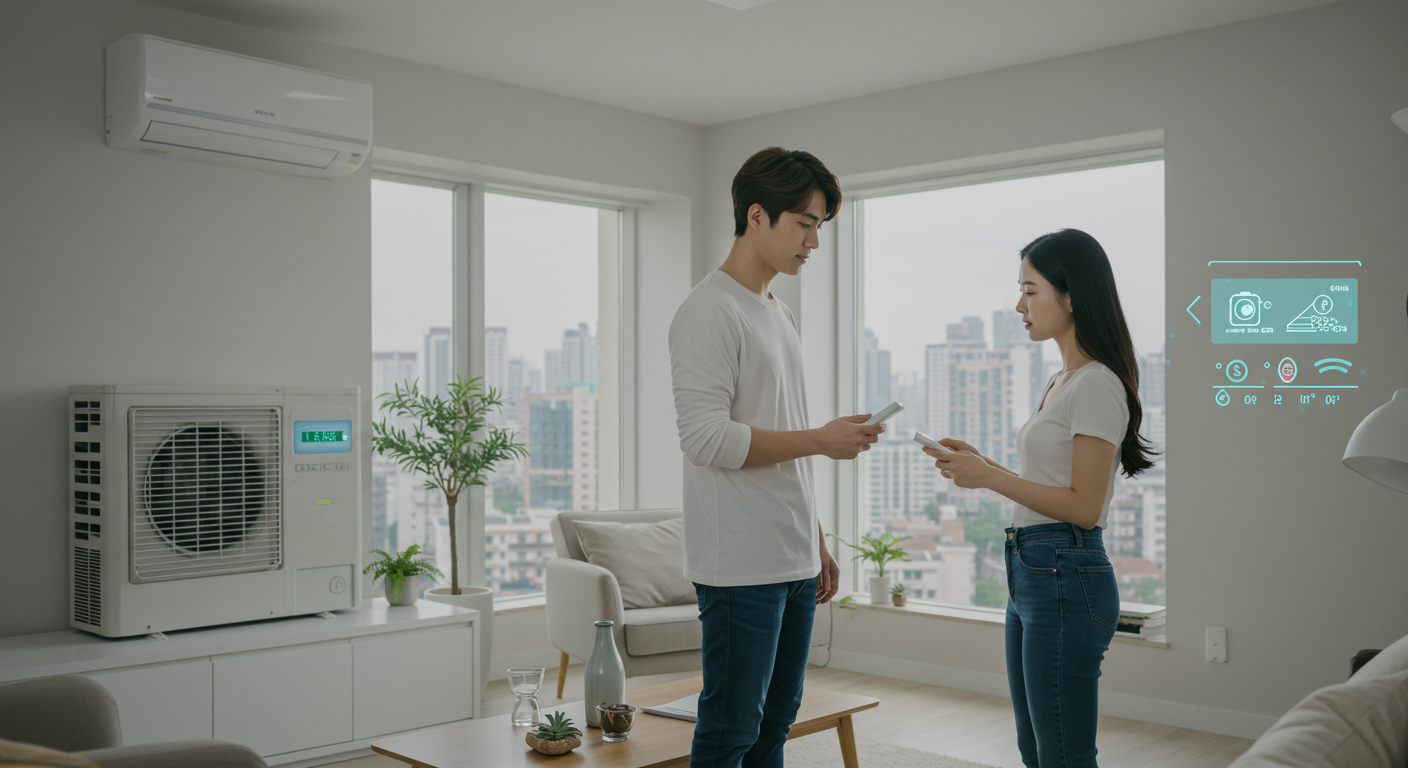 현대적인 거실에서 에너지 절약을 위한 최적의 온도를 설정하는 젊은 커플