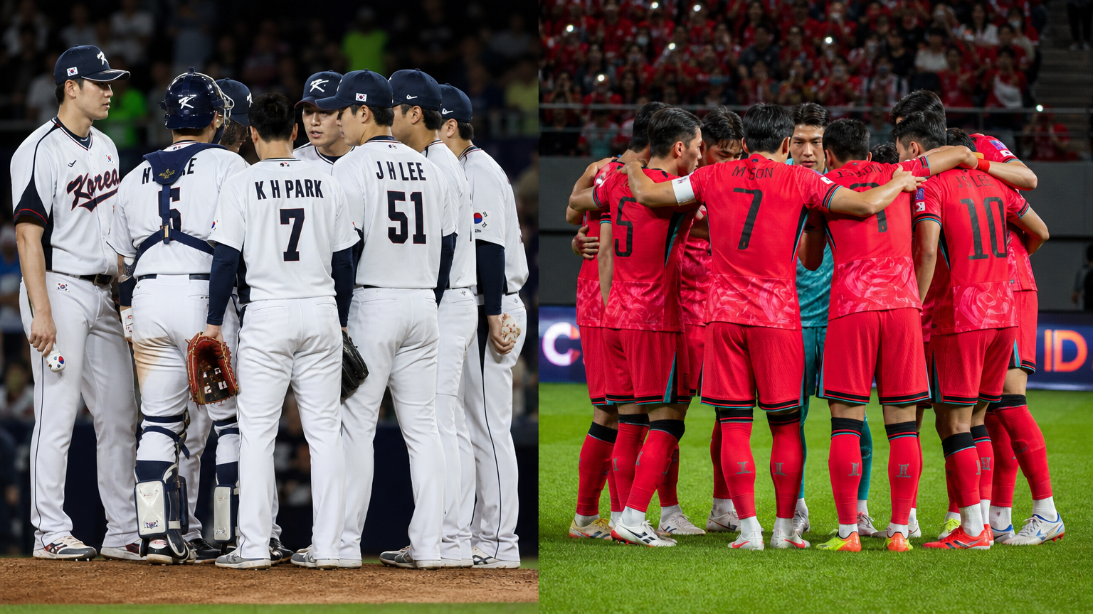 밝은 조명 아래 경기장에서 전략을 논의하는 한국 야구 및 축구팀