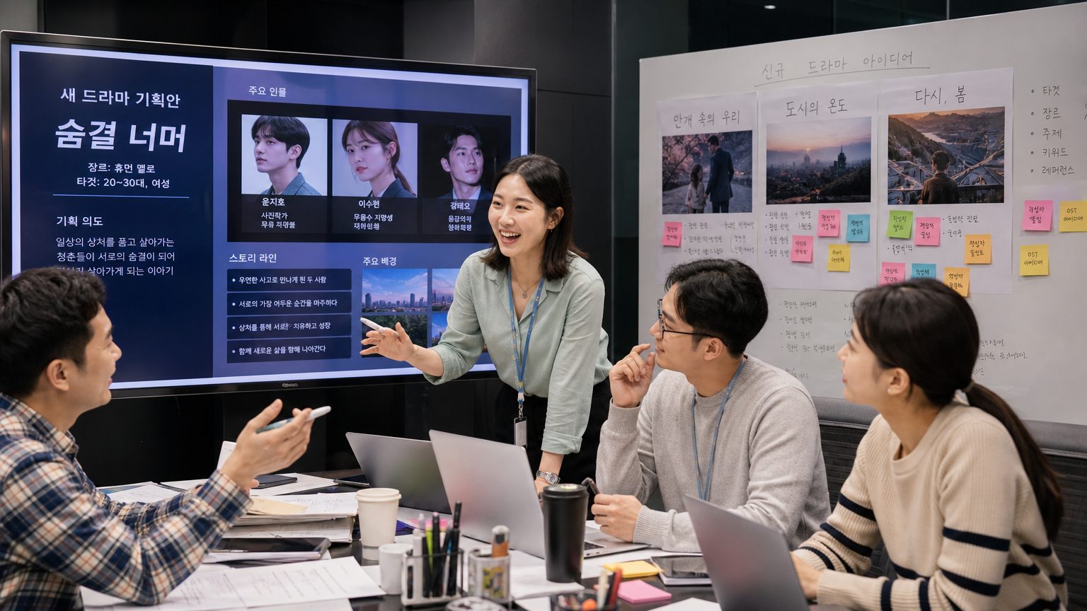 현대적인 회의실에서 디지털 화면과 노트를 사용하여 새로운 드라마 콘셉트를 구상하는 열정적인 팀