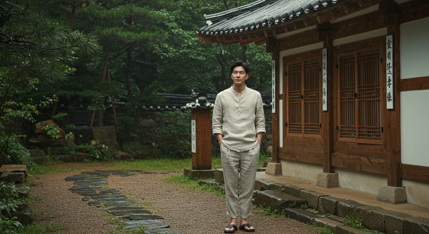 린넨 셔츠 팬츠 셋업을 착용하고 전통 찻집 근처에서 여유롭게 포즈를 취하는 남성