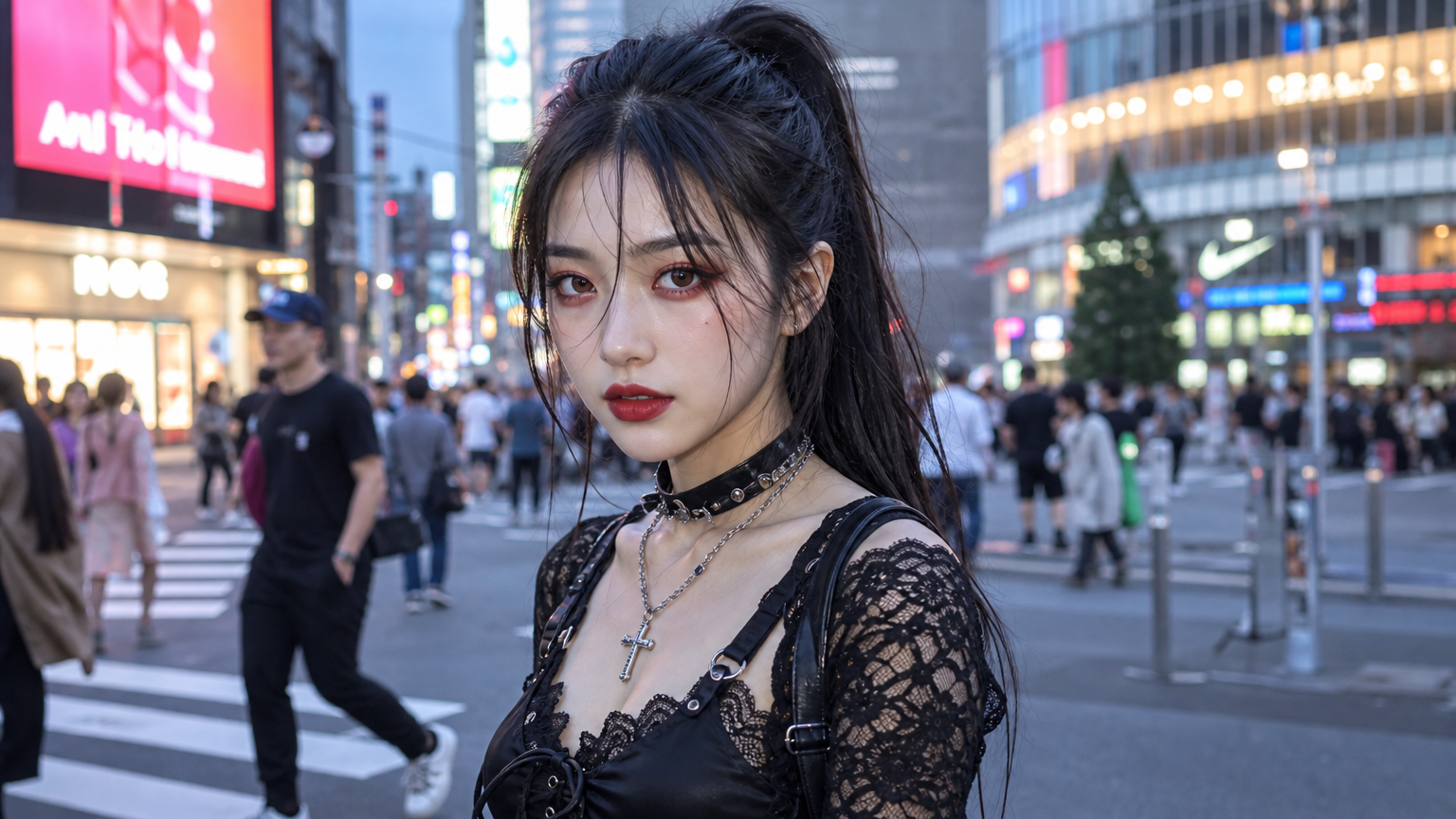 젊은 여성이 펑크 스타일의 의상을 입고 번화한 거리에서 포즈를 취하는 모습