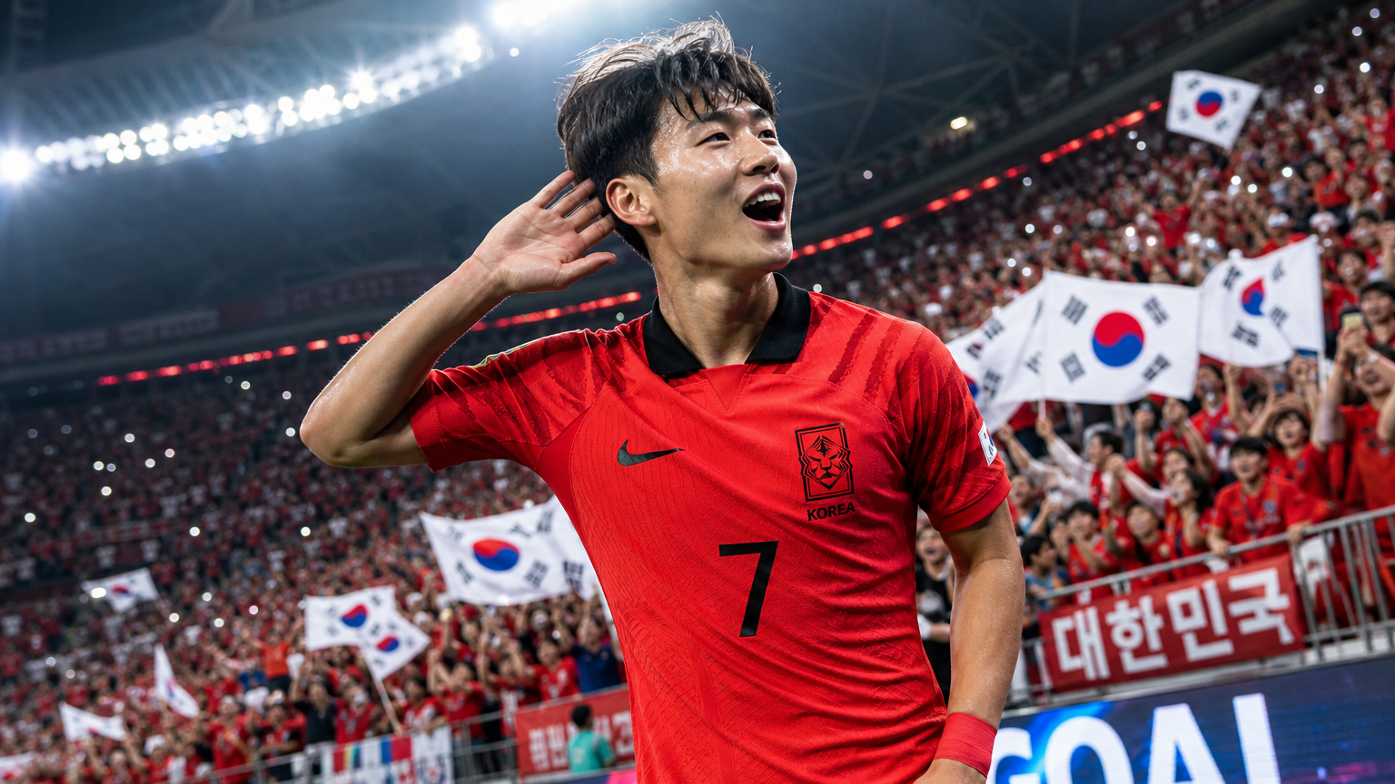 현대식 경기장에서 주목받는 젊은 축구 선수의 역동적인 모습