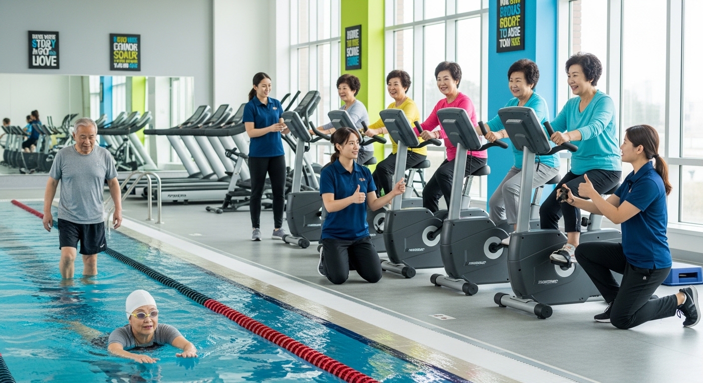 수영과 실내 자전거를 타며 유산소 운동을 하는 노년층