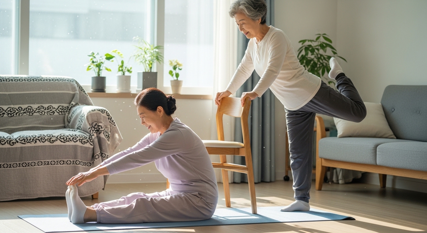 집에서 스트레칭을 하며 무릎 건강을 챙기는 노년 여성들
