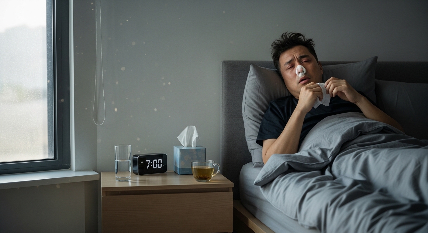 아침에 코막힘과 가래로 고생하는 남성의 모습