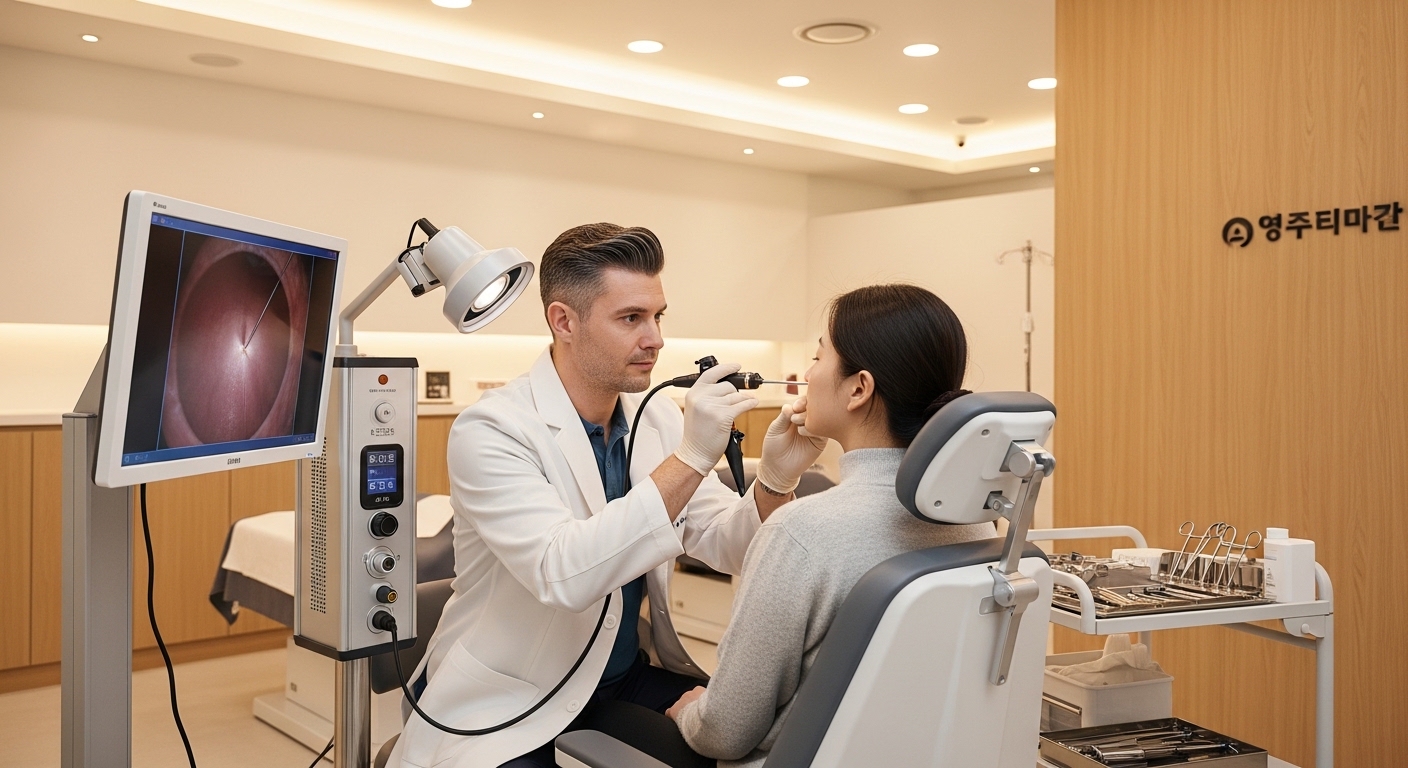 현대적인 병원에서 내시경 검사를 받는 장면