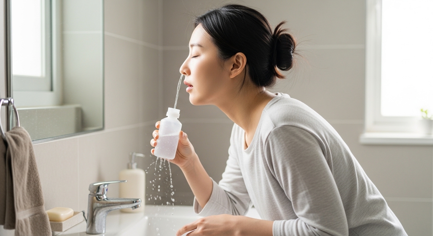 집에서 생리식염수로 코 세척을 하는 여성