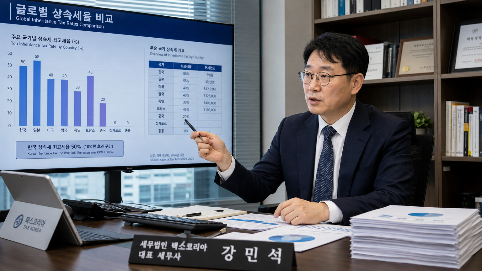 사무실에서 글로벌 상속세율 비교 그래프를 분석하는 세무 전문가