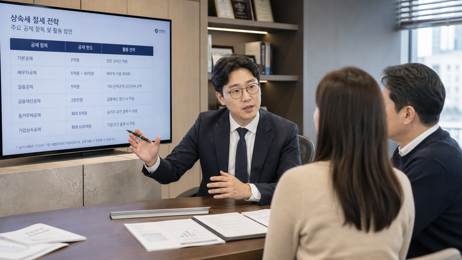 현대적 사무실에서 부부에게 절세 전략을 설명하는 금융 상담사