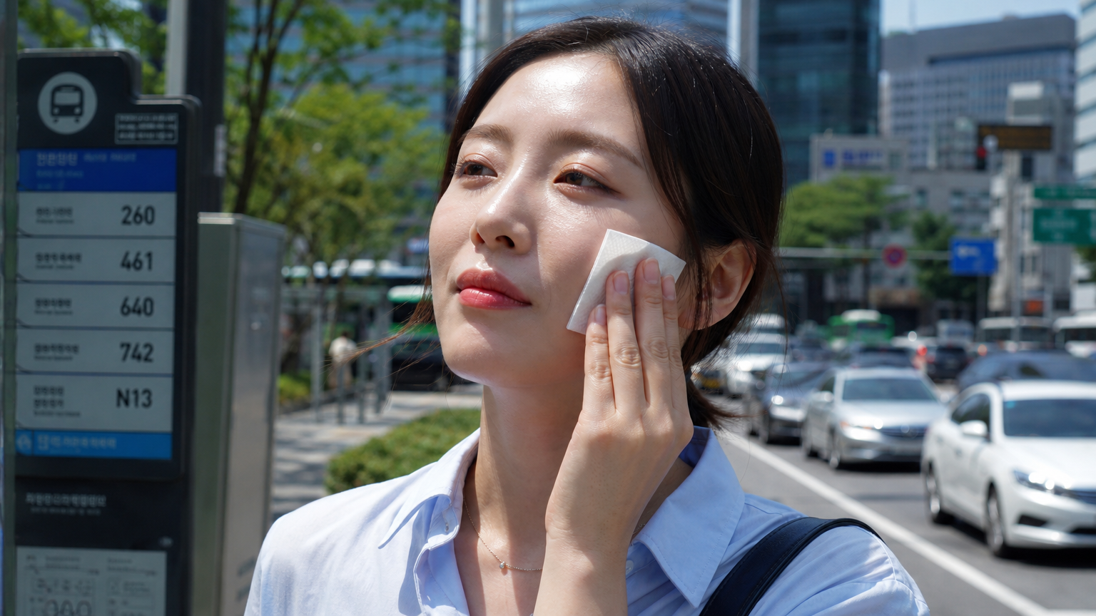 여름 더위 속에서도 강한 메이크업을 유지하며 기름종이를 사용하는 한국 직장인의 모습
