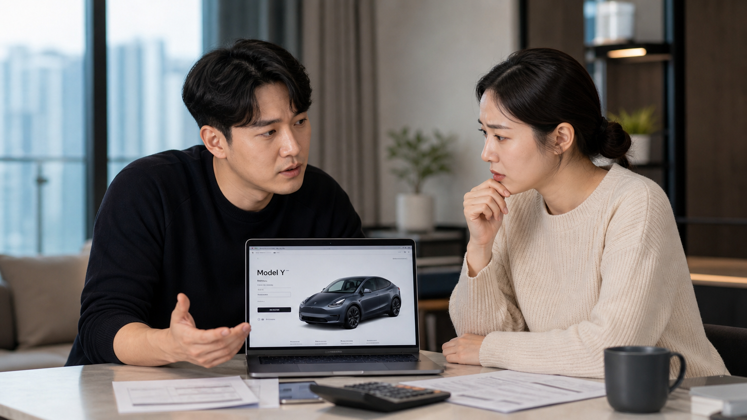 현대식 아파트에서 테슬라 모델Y 구매에 대해 토론하는 커플