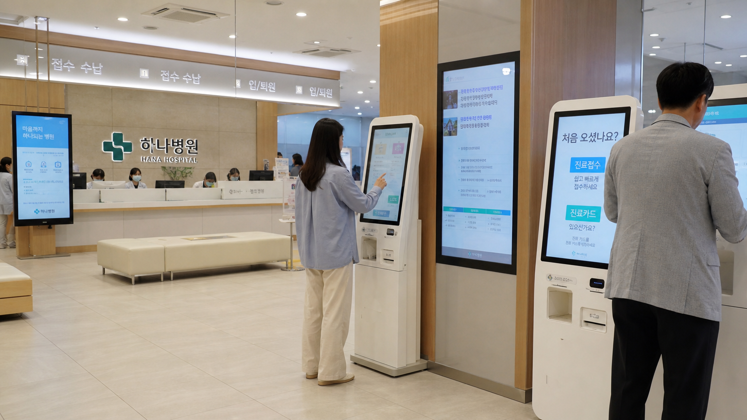 디지털 키오스크와 환자들이 있는 현대적인 병원 접수처