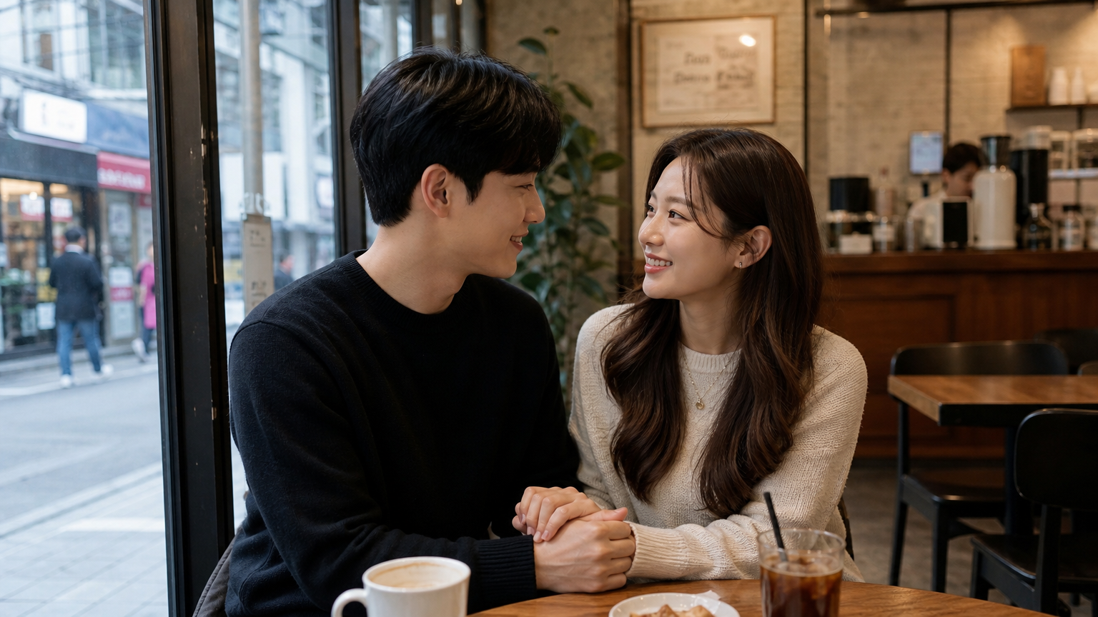 서울의 카페에서 손을 잡고 미소 짓는 현대적인 커플