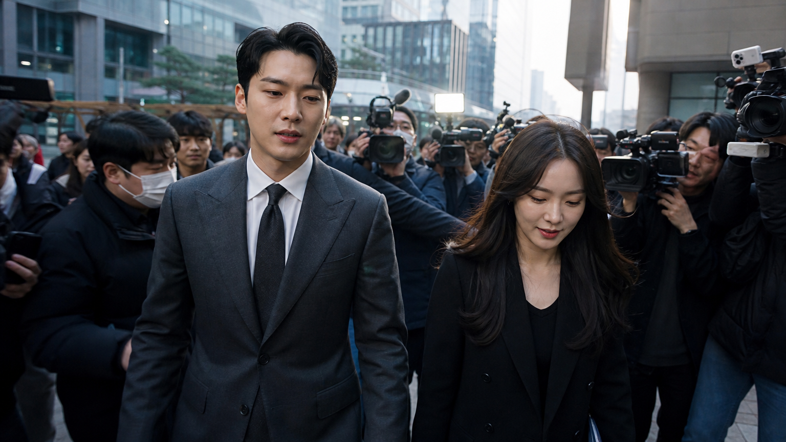 바쁜 도시 풍경 속에서 언론의 주목을 받으며 함께 걷는 젊은 한국인 커플