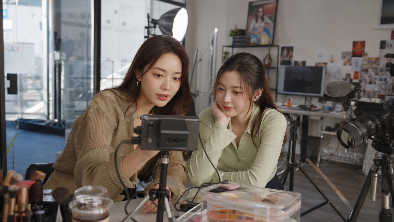 도시 스튜디오 공간에서 영상 장비와 소품으로 창의적으로 협업하는 한국인 인플루언서와 배우