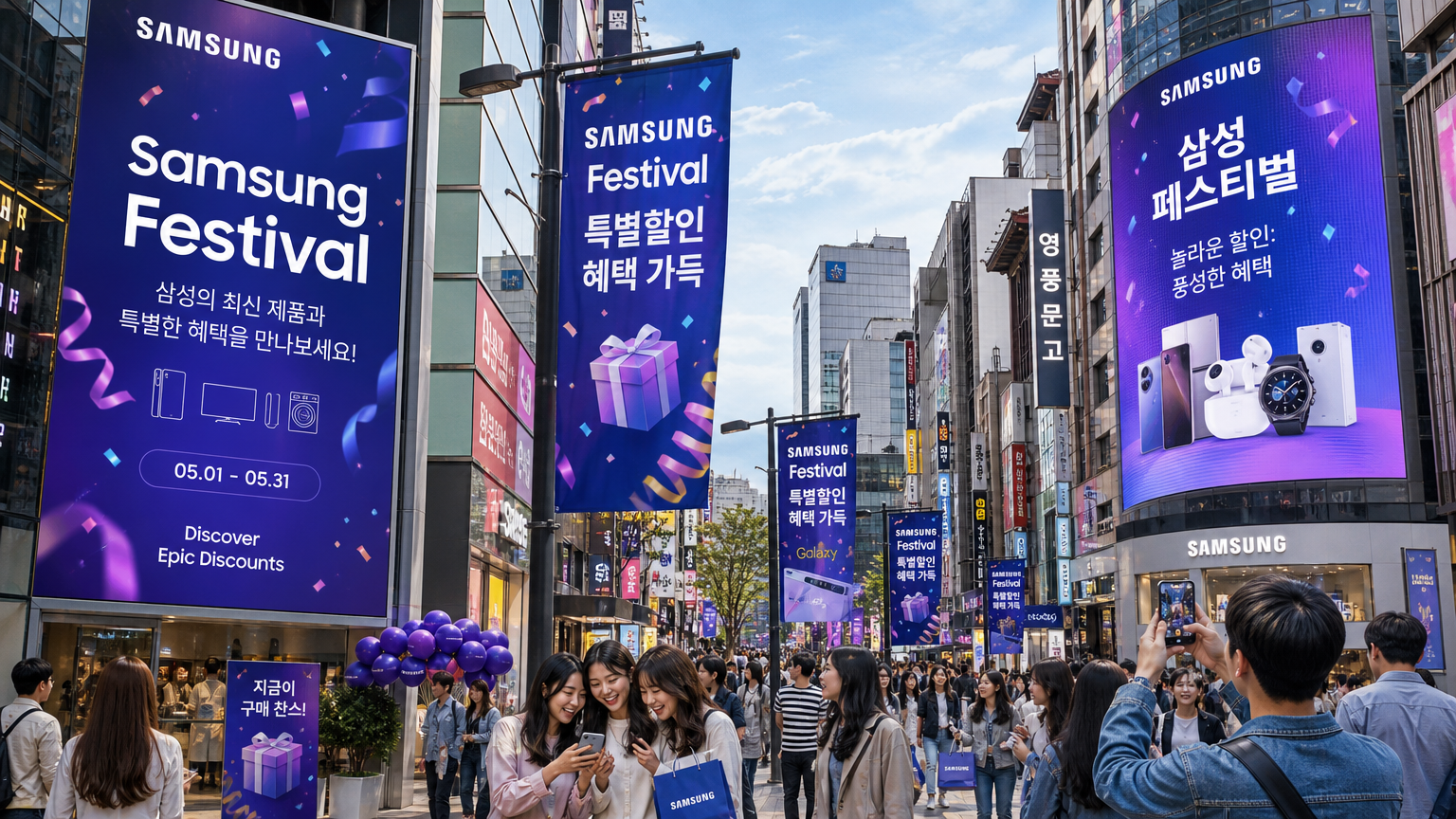 한국 도시 거리에서 열린 삼성 페스티벌 행사 배너와 할인 혜택을 살펴보는 사람들