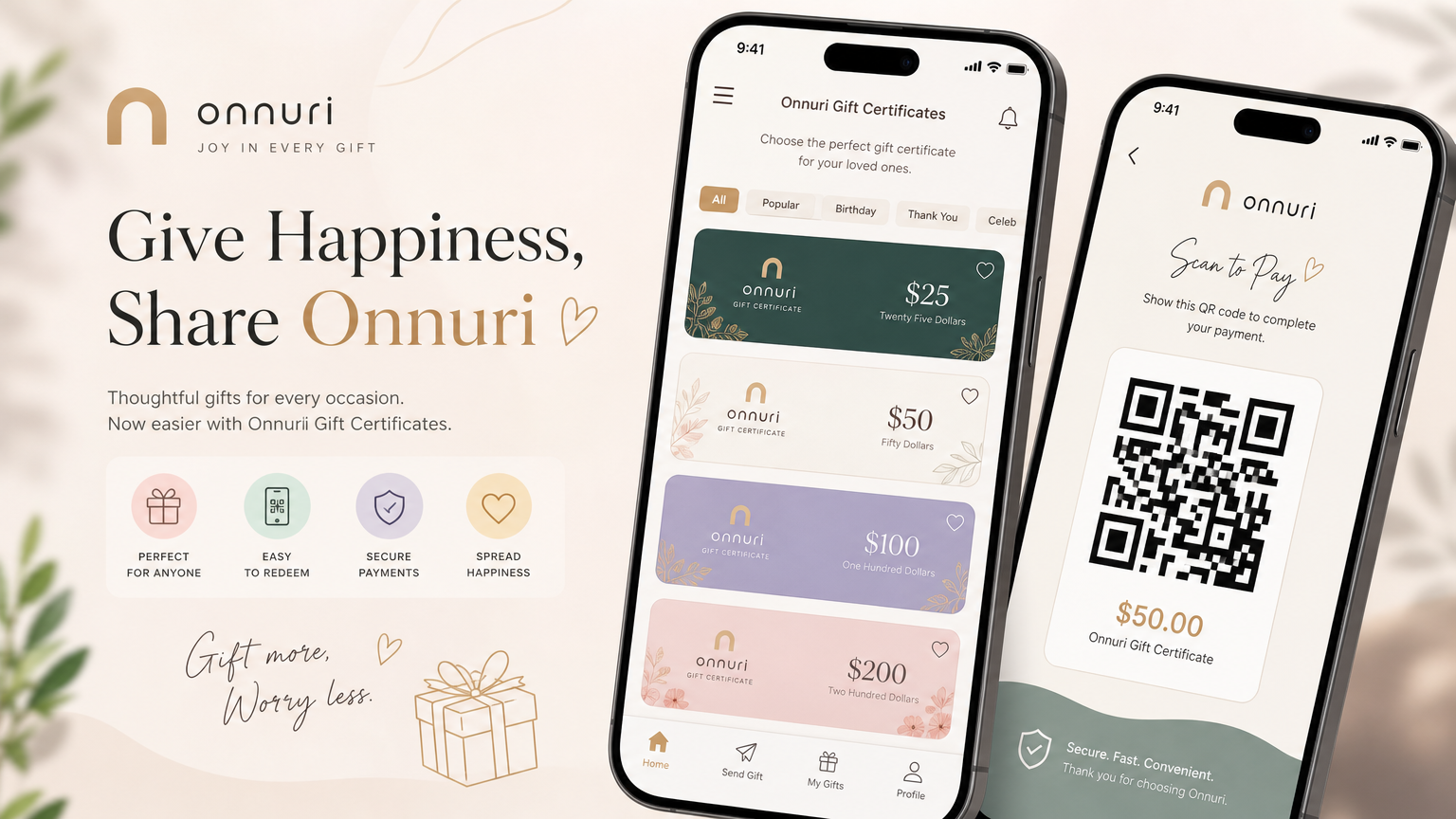 QR 결제 기능이 있는 현대적 디지털 앱 인터페이스와 온누리 상품권 옵션