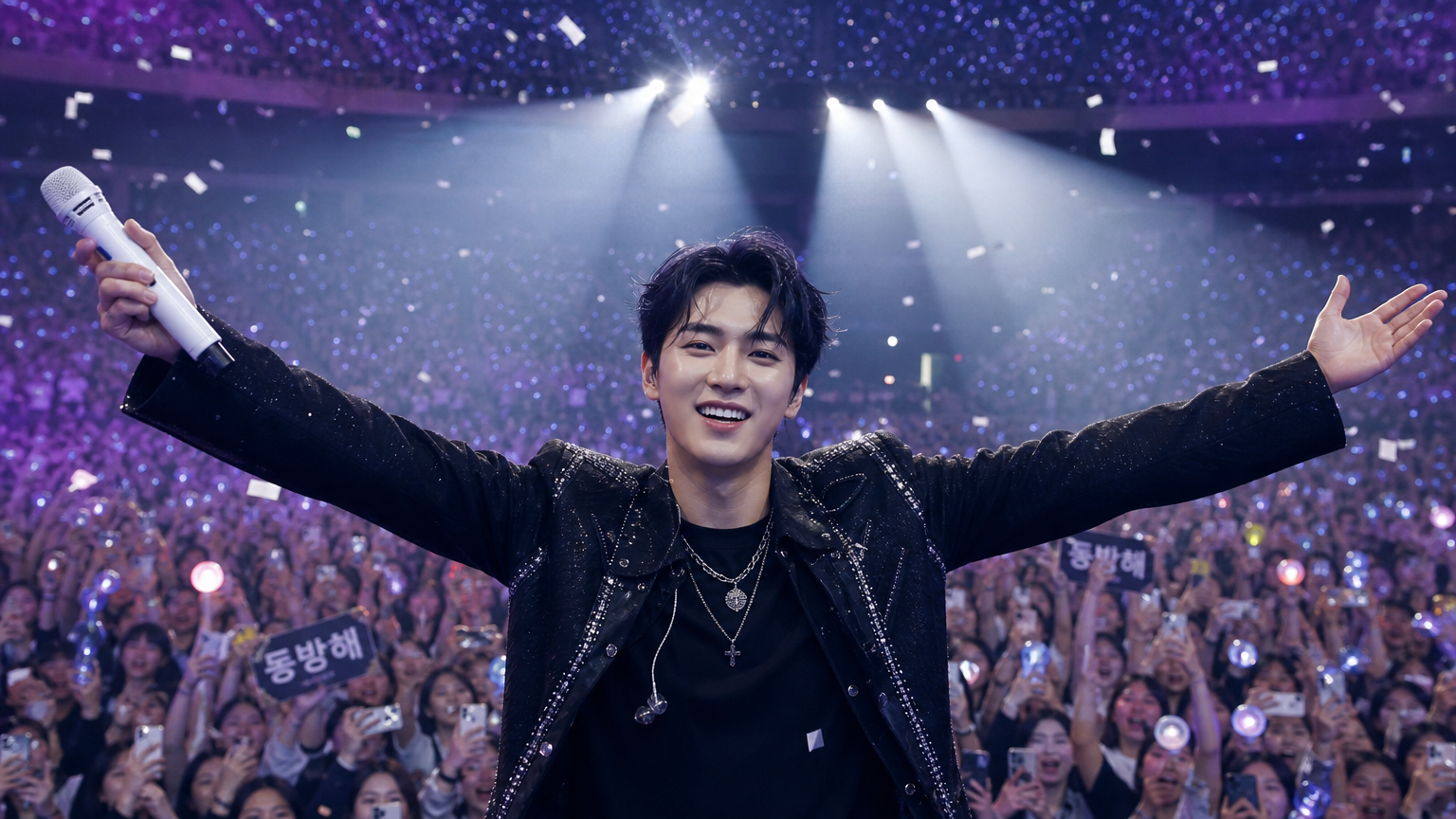 콘서트장에서 팬들과 승리를 축하하는 현대적인 남자 가수