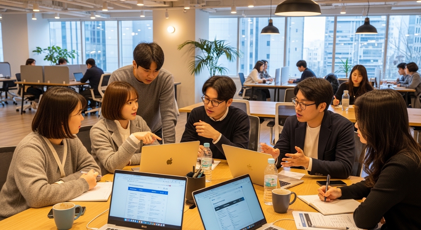 한국의 젊은이들이 현대적인 공동 작업 공간에서 노트북을 열고 취업 지원서를 논의하는 모습