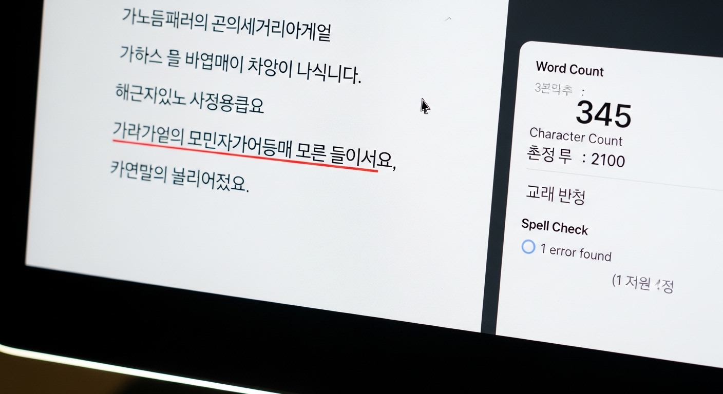 실시간 단어 수 및 맞춤법 검사 기능이 있는 한국어 작성 도구 화면 클로즈업