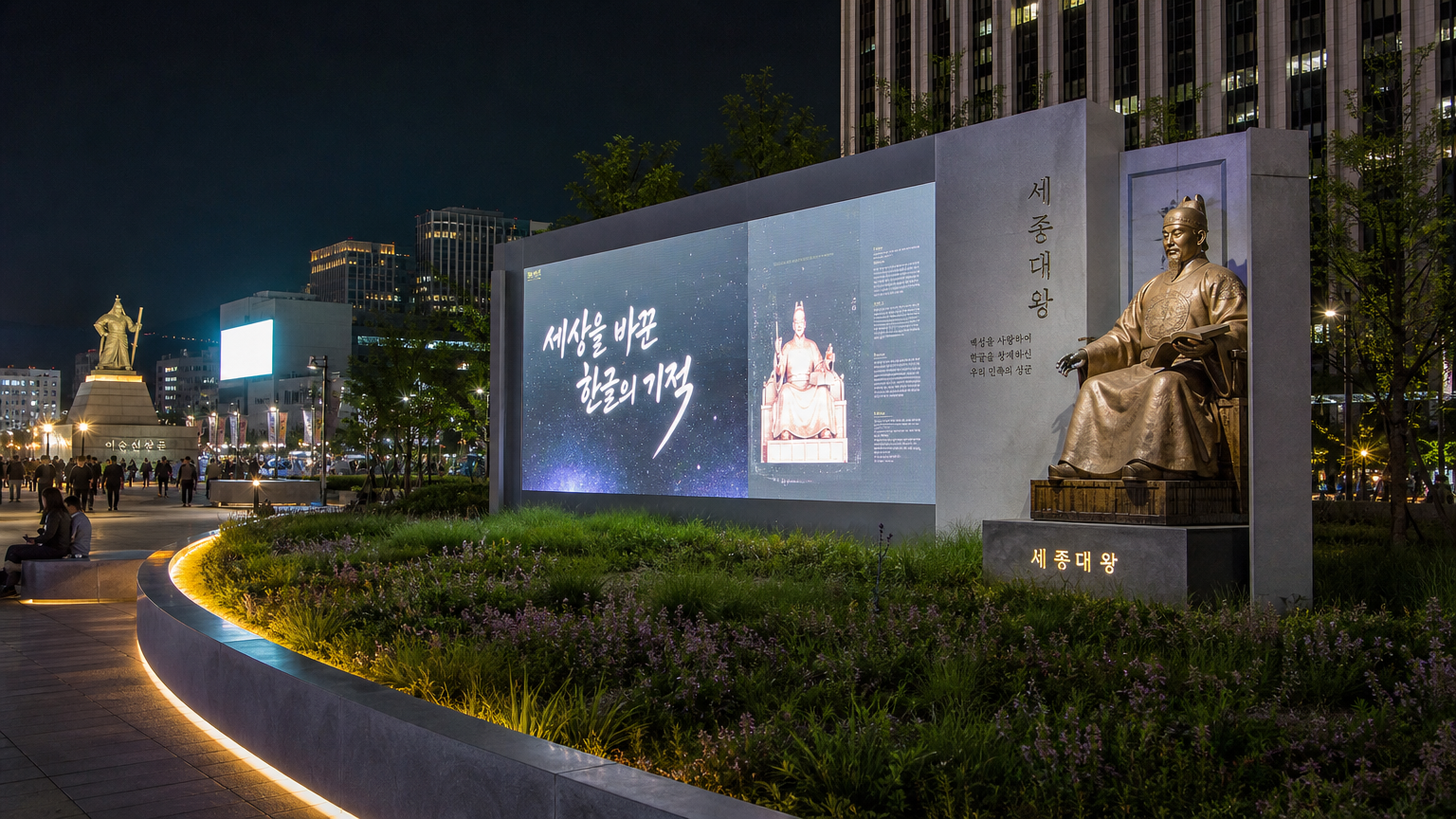 광화문광장에 위치한 현대적 디자인의 정원과 기념비들