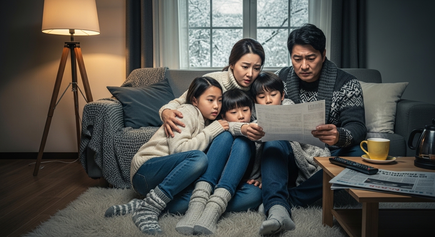 난방비 걱정으로 고민하는 가족이 따뜻한 옷을 입고 거실에 모여 있는 모습