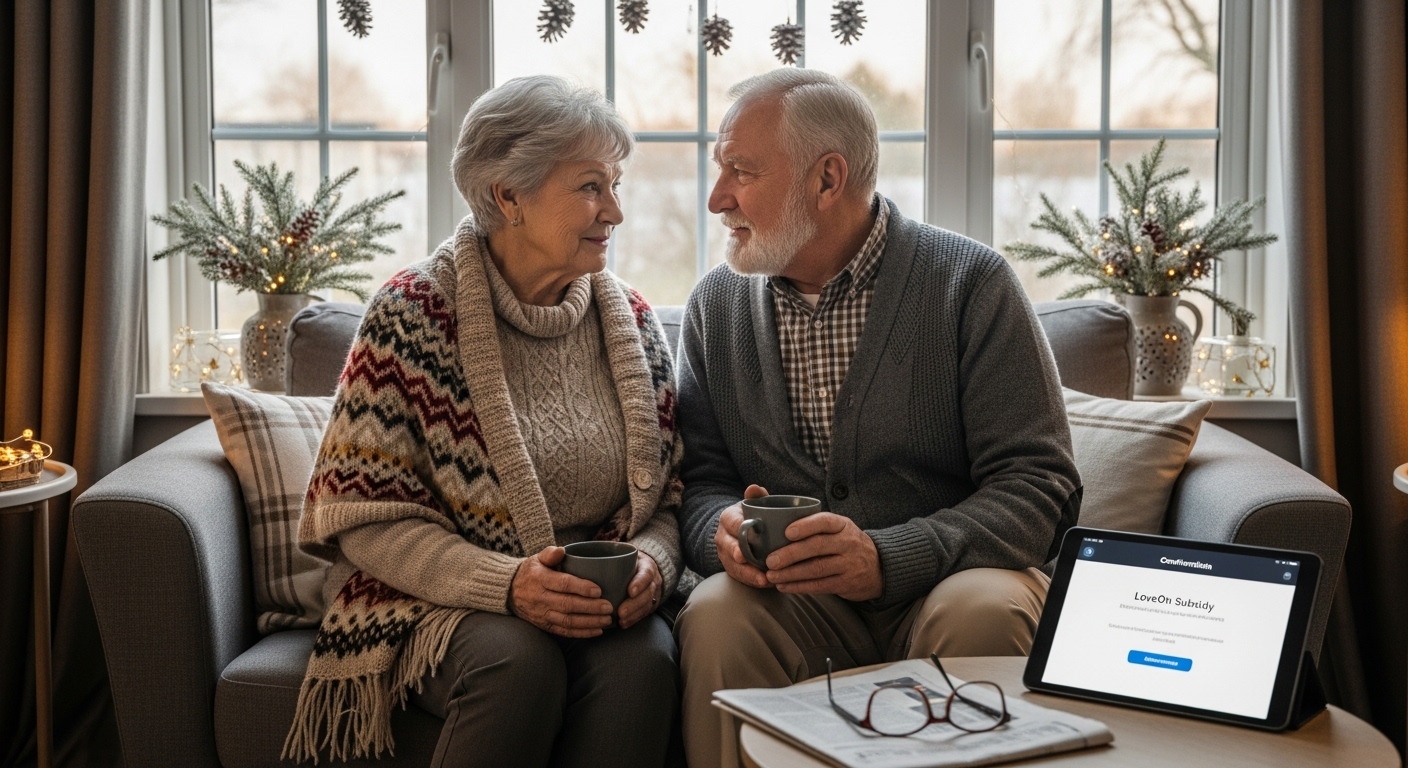 겨울 장식이 된 창가에서 안도하는 표정의 노부부 모습