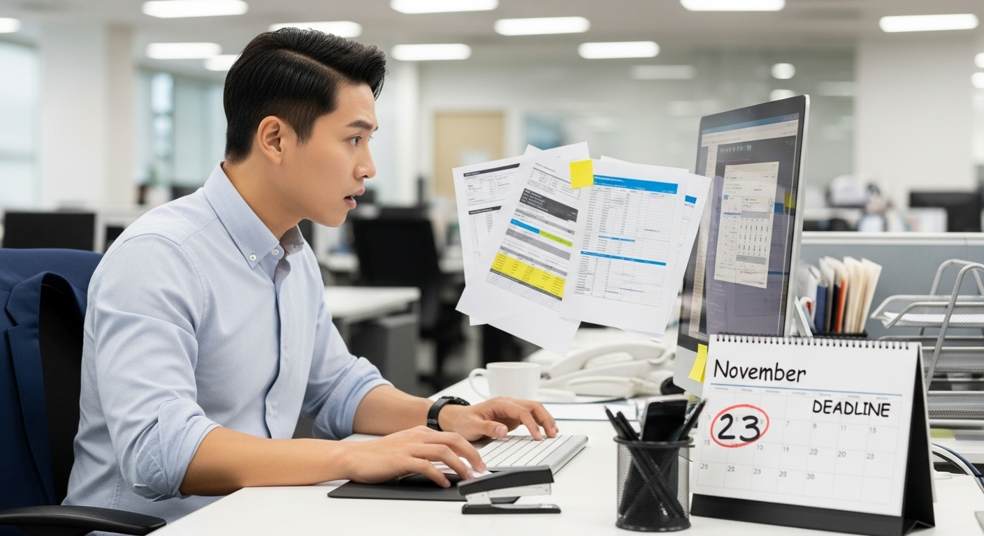 사무실 책상에서 마감일을 확인하며 서류를 검토하는 직장인의 모습