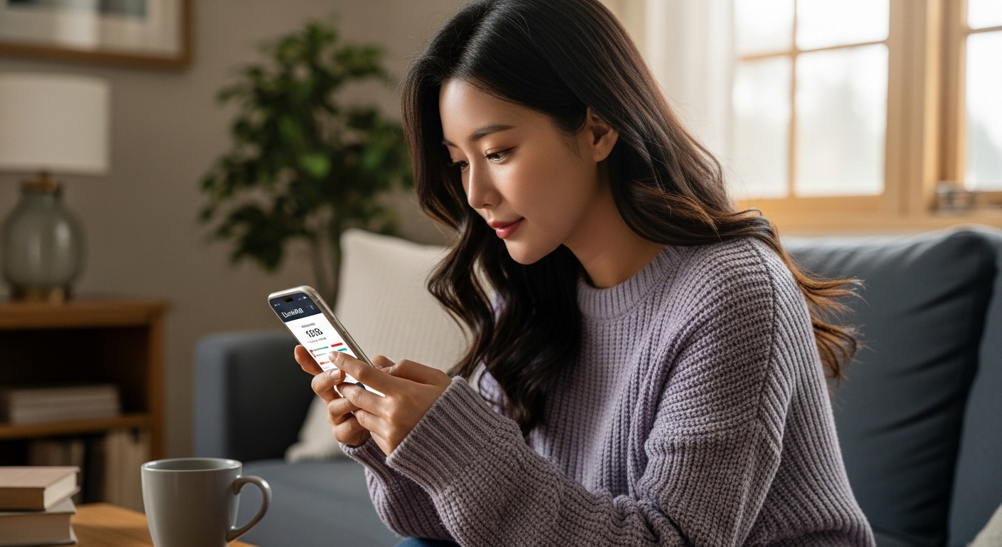 스마트폰으로 난방비 지원금 사이트에 접속 중인 여성의 모습