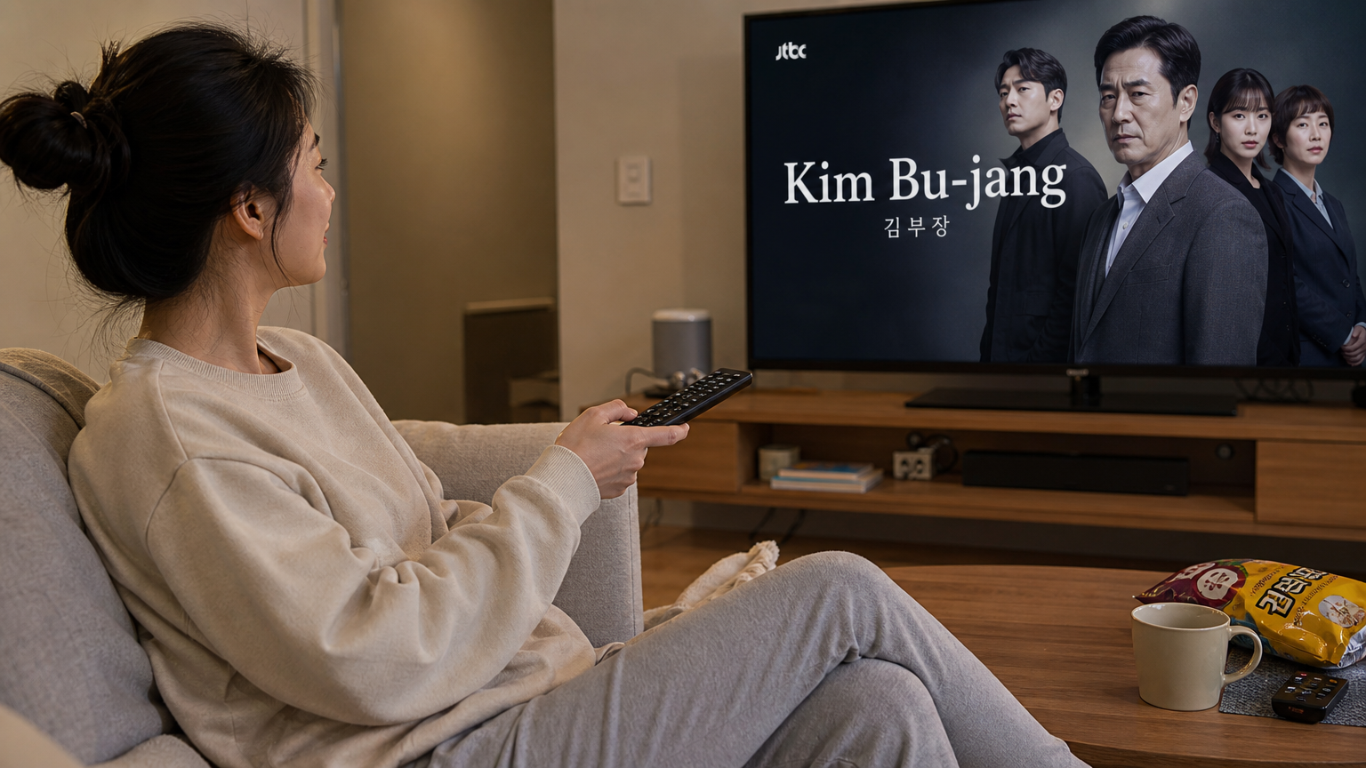 거실에서 편안한 옷차림으로 TV를 시청하는 여성