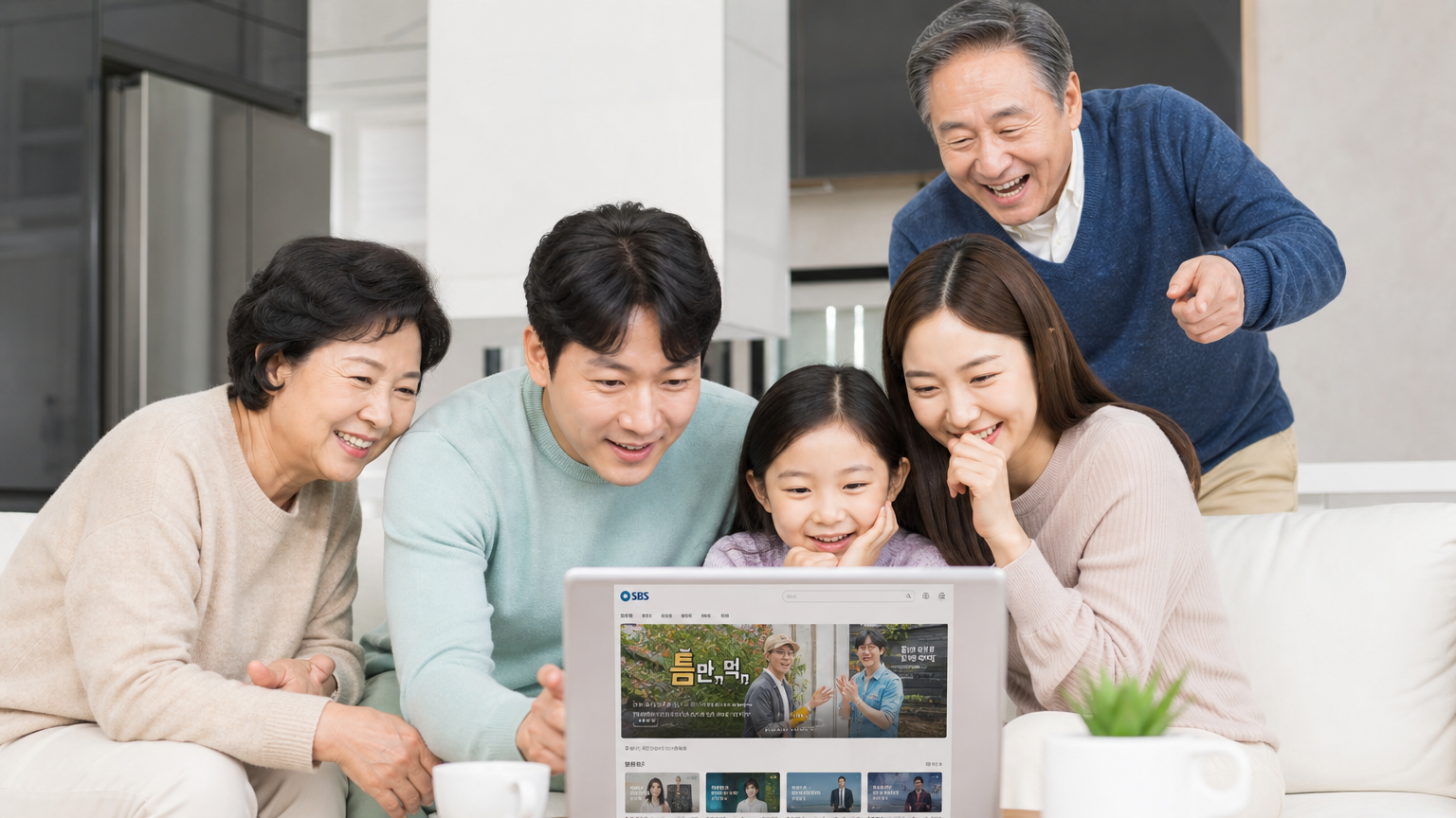 가족이 함께 노트북으로 SBS 웹사이트를 통해 드라마를 보는 장면