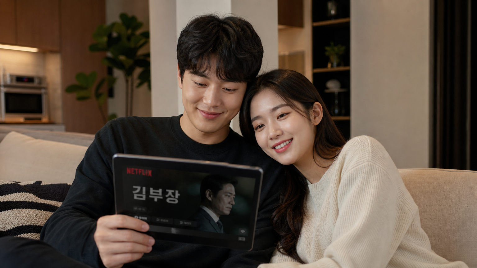 커플이 집에서 태블릿으로 넷플릭스를 통해 드라마를 시청 중인 모습