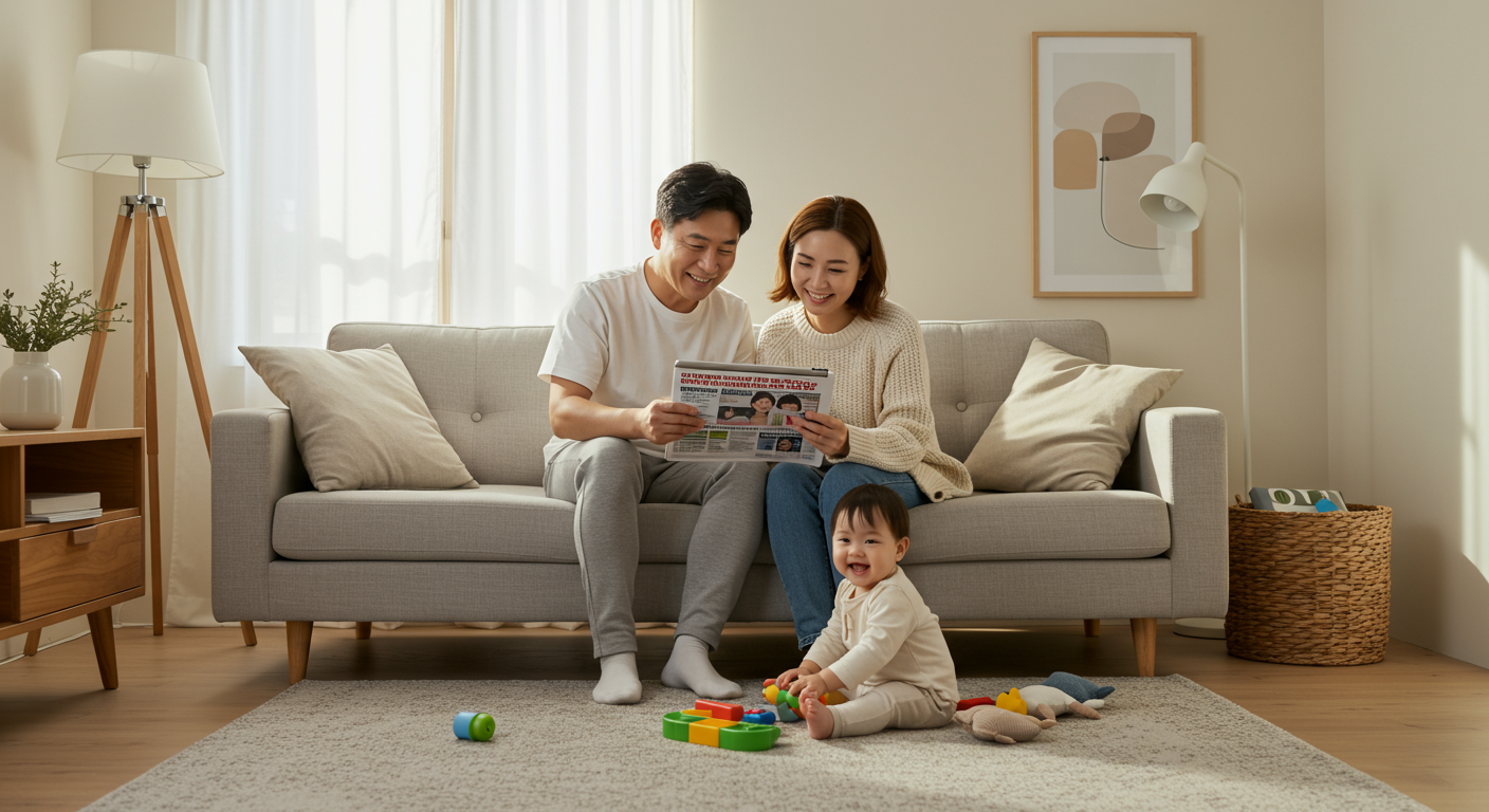 현대적인 거실에서 부모가 태블릿으로 정부 쿠폰 뉴스를 읽고 아기가 장난감을 가지고 노는 모습