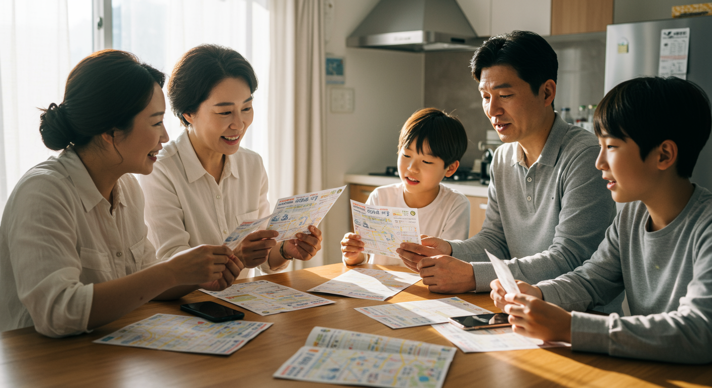 가정에서 지역 가맹점을 확인하며 쿠폰 사용 계획을 세우는 가족 모습