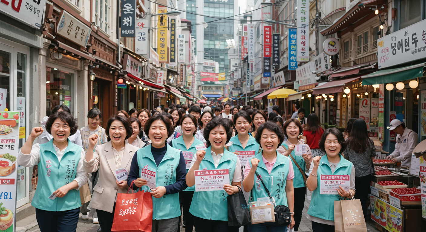 서울의 화창한 날에 정부 발행 소비 쿠폰을 받는 시민들