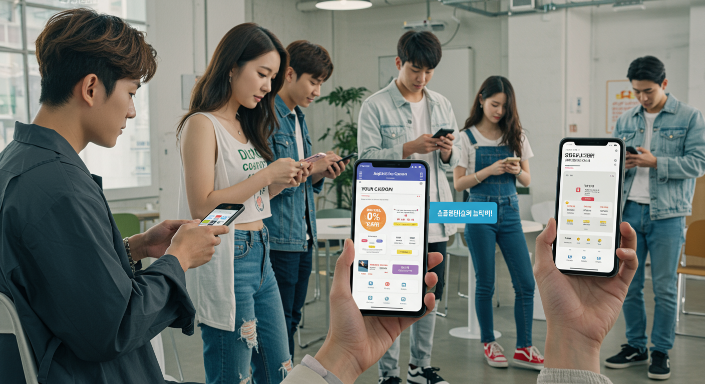스마트폰 앱을 통해 디지털 쿠폰을 신청하는 젊은 성인들