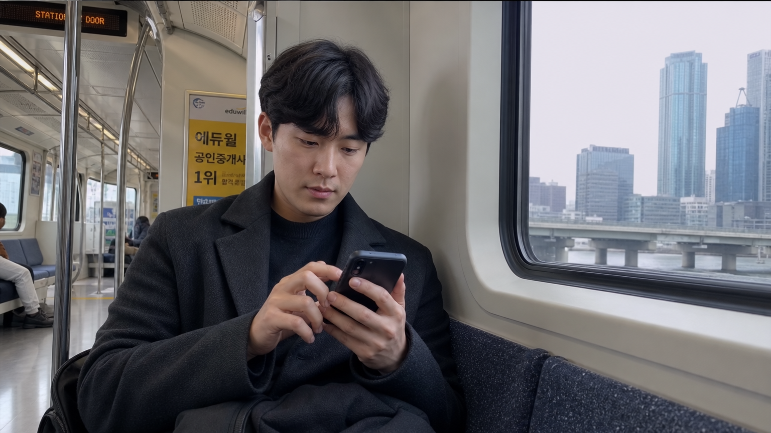 스마트폰으로 지하철에서 기차표를 예매하는 한국인