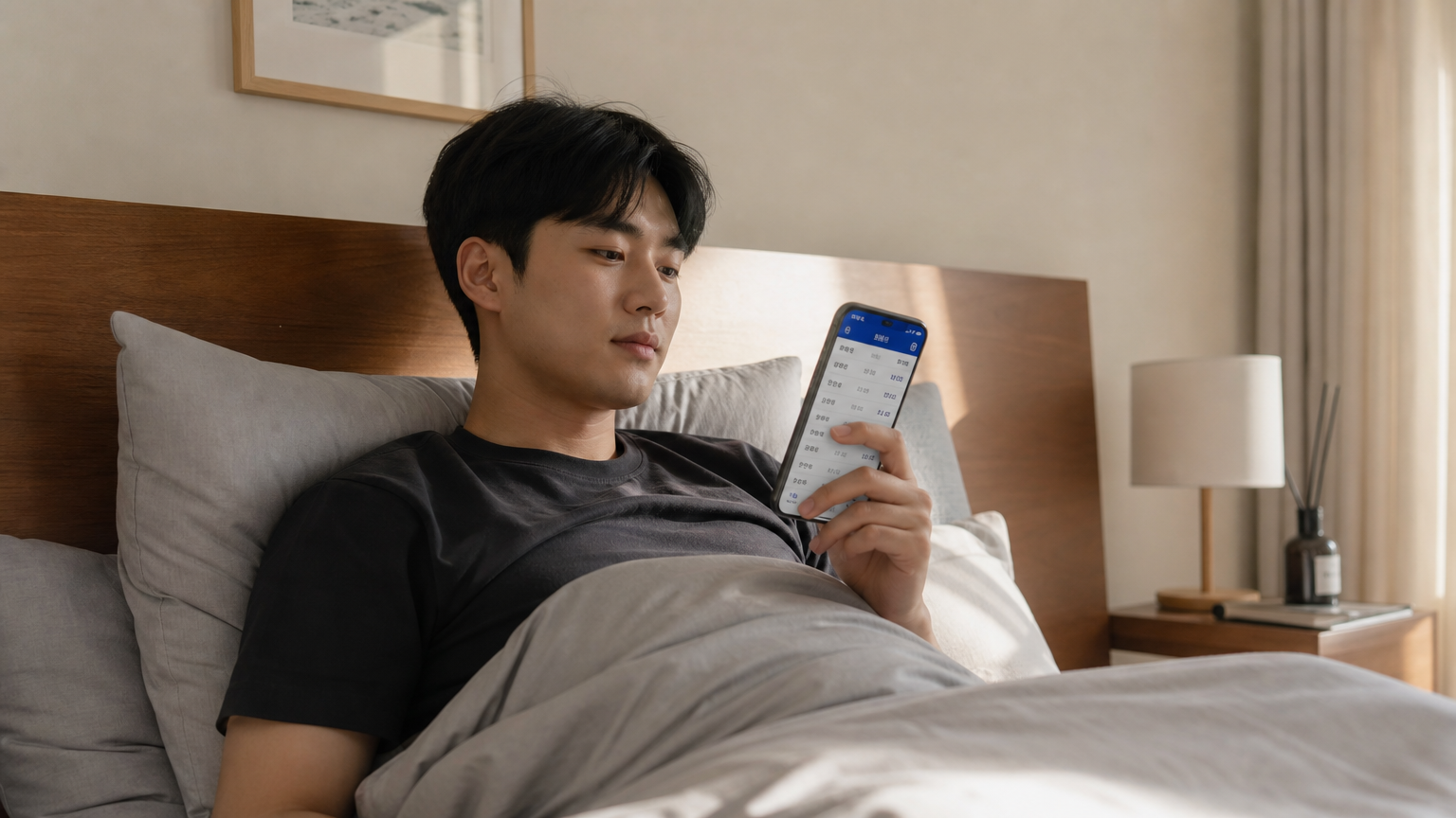 침대에서 스마트폰으로 열차 일정을 확인하는 젊은 직장인